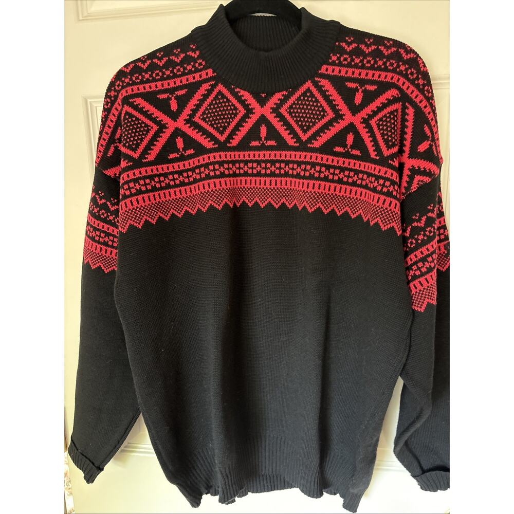 Vintage NEW Demetre Ski Sweater Mens Large Black red Wool Nordic USA